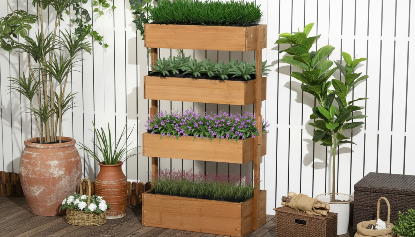 Adjustable 4-Tier Wooden Vertical Planter with Drainage