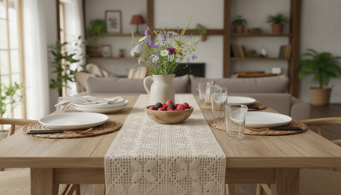 Beige Boho Dragonfly Crochet Runner for Farmhouse
