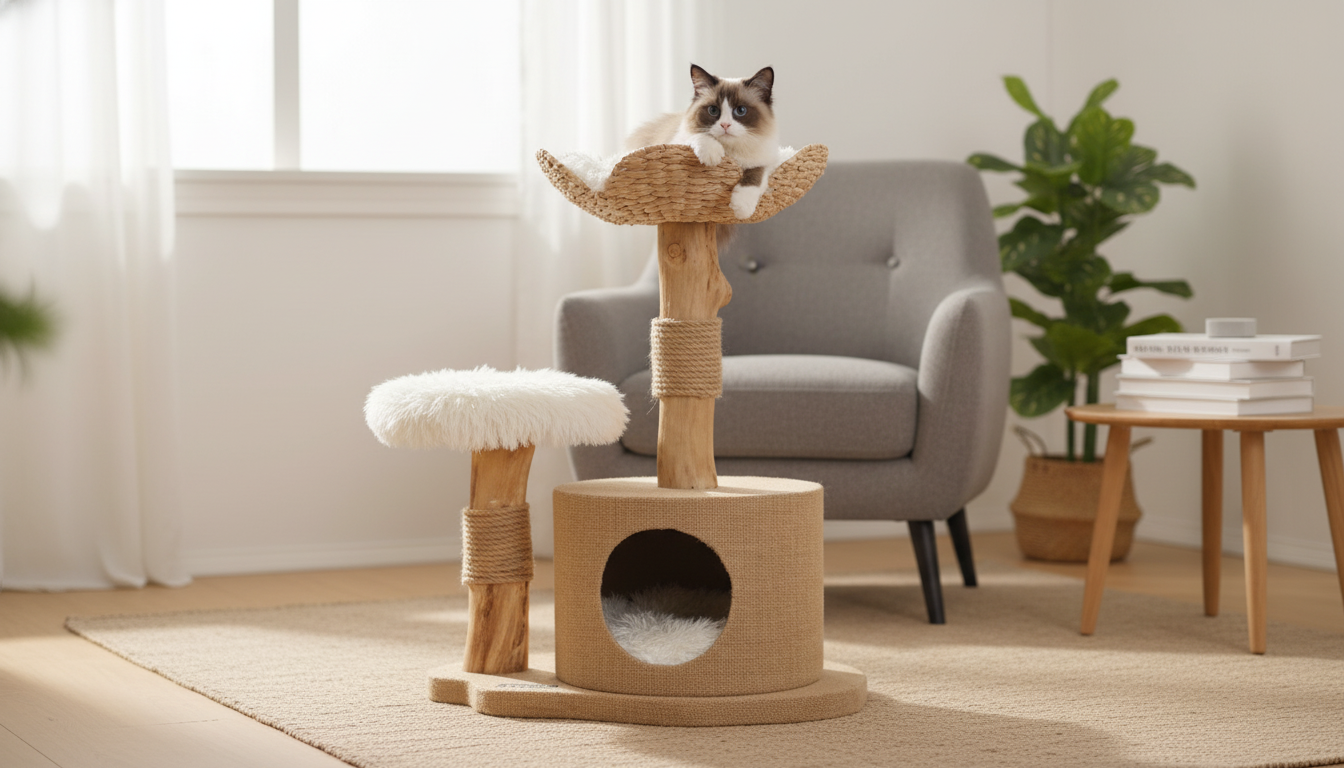 Solid Wood Cat Tree: Stable Scratcher + Nest Home Base