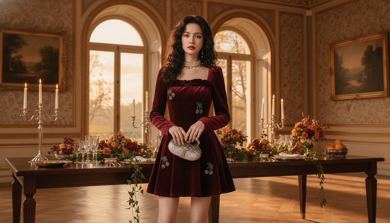 Burgundy Velvet Long-Sleeve Dress for Autumn Banquets