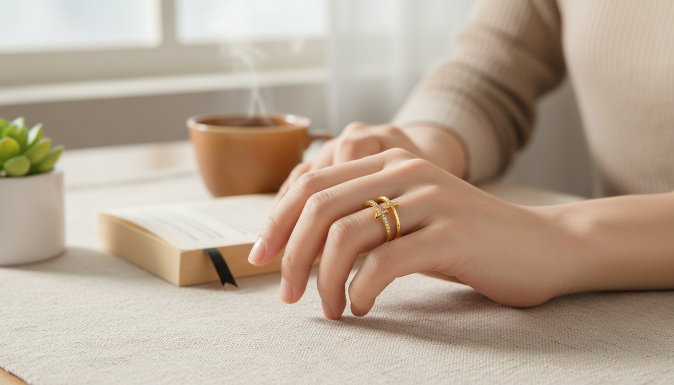 Korean Double Cross Gold Ring with CZ Sparkle