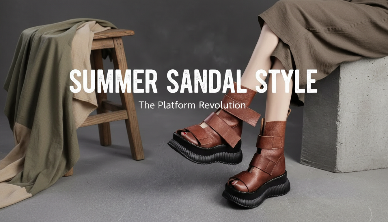 Genuine Leather Platform Open-Toe Ankle Boots (Thick Heel)